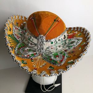 VTG Pigalle Mexican Sombrero Gold Velvet Western Charro Mariachi in EUC